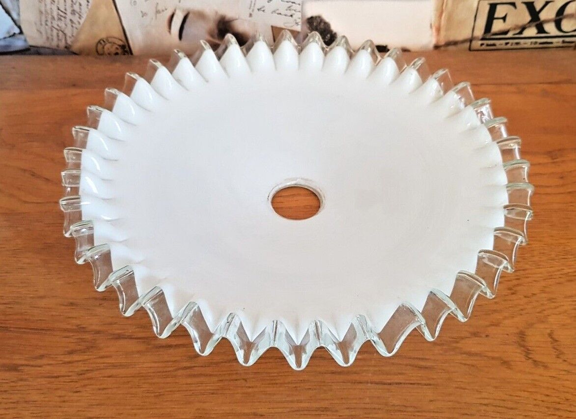 Vintage french frilled glass pendant shade white frosted glass clear edge 3649