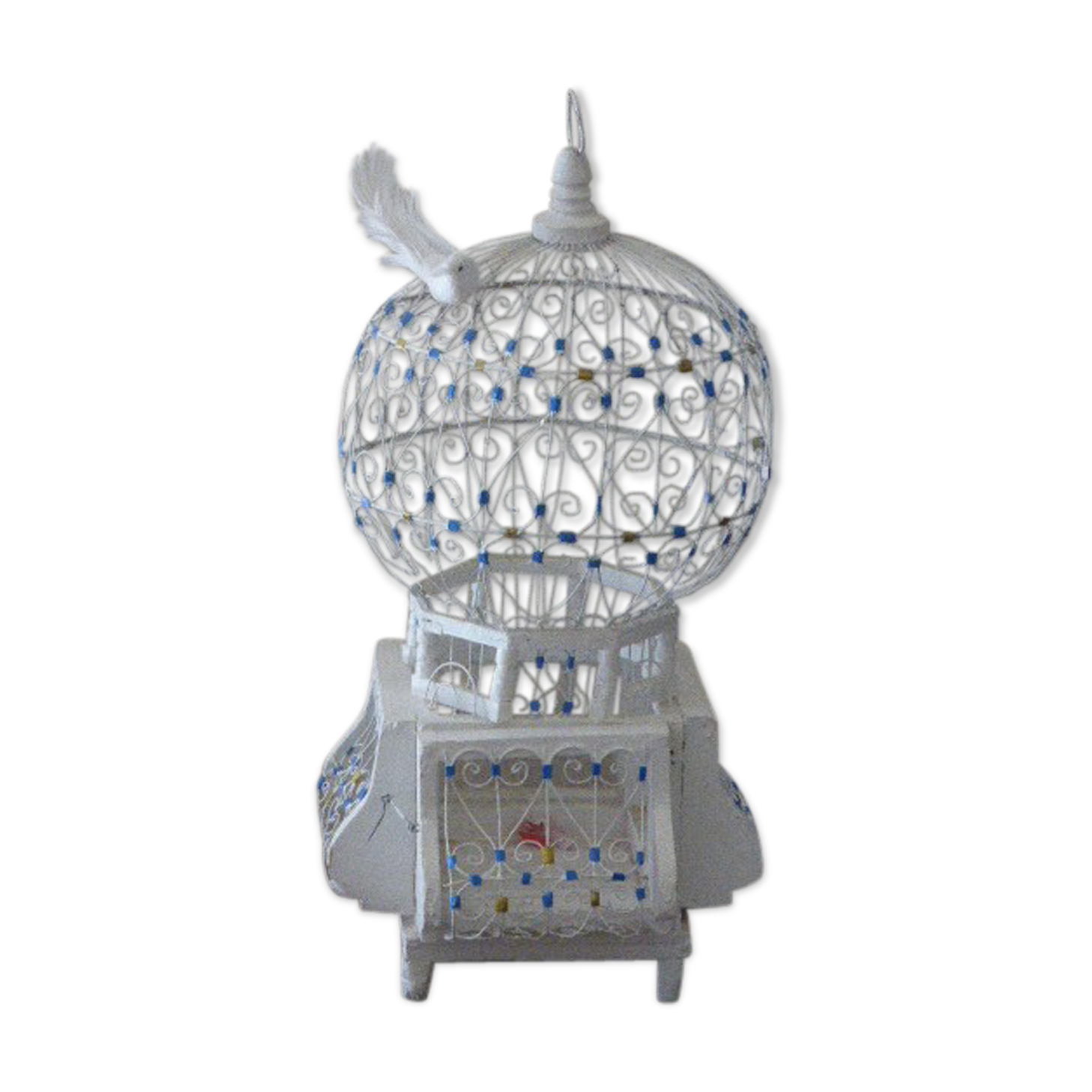 Cage has birds vintage, in wood and metal, painted in blue and white