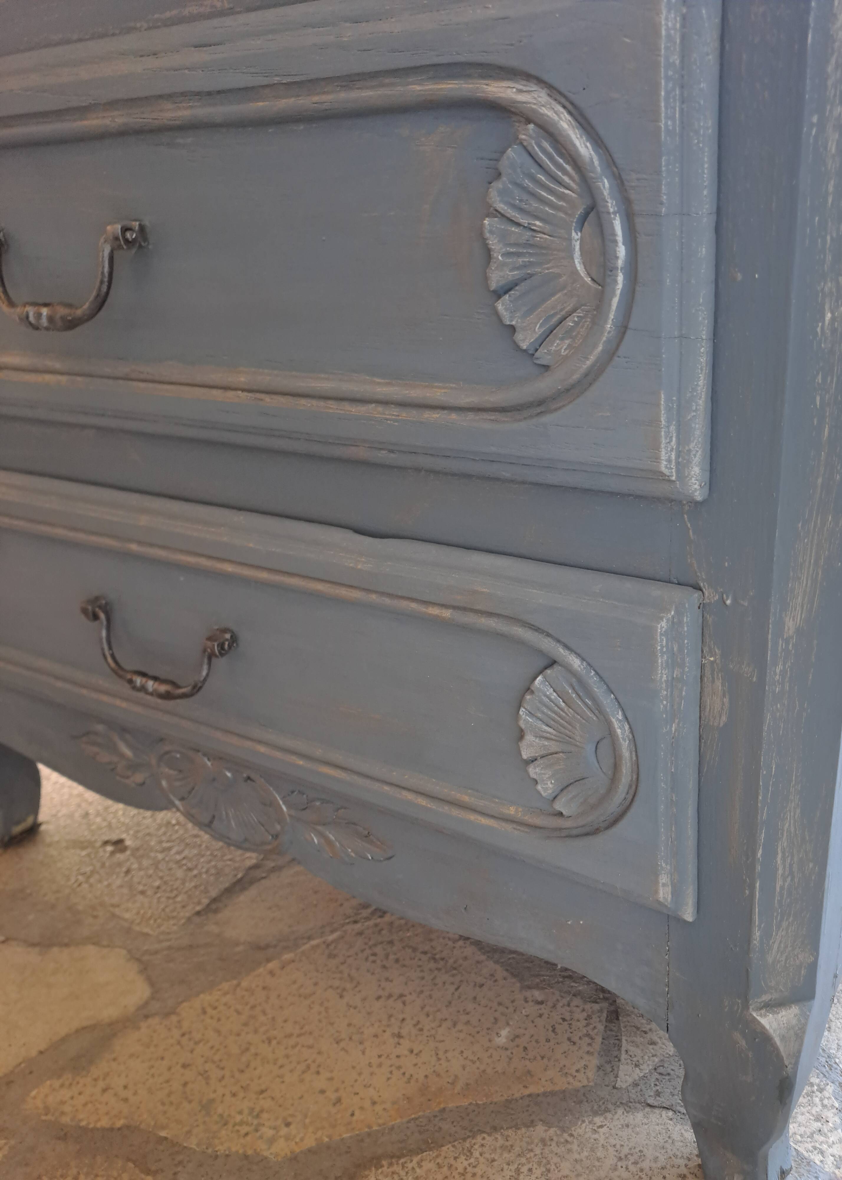 Solid wood chest of drawers painted gray and patinated silver 1940 with 3 drawers