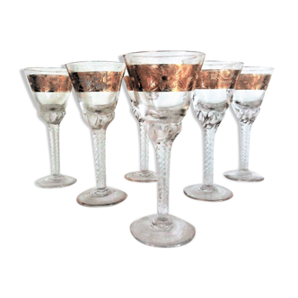 Set of 6 twisted foot liquor glasses, Art Deco gold motifs