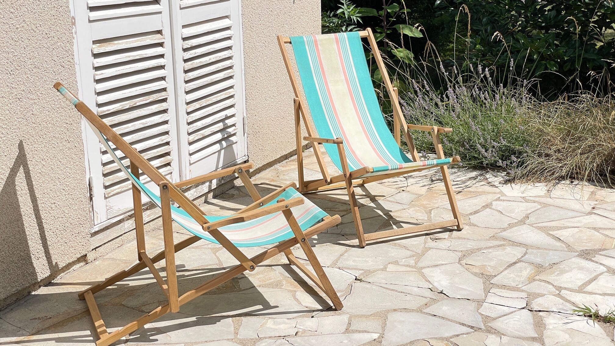 Transat pliant en bois et toile vintage