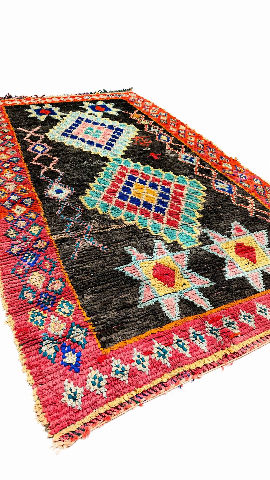 Vintage multicoloured black Berber rug - 140 x 270 cm