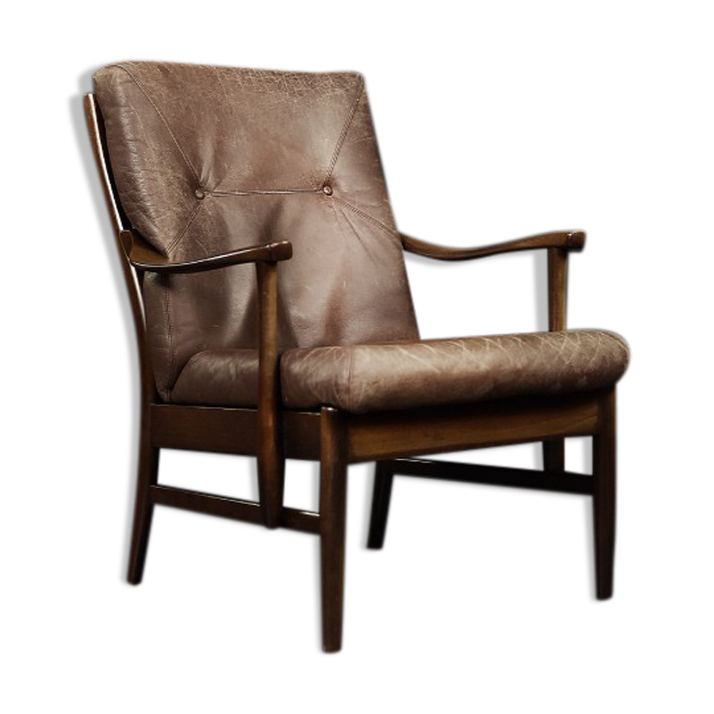 Vintage mid-century danish modern beech & brown leather armchair from farstrup møbler, 1970s