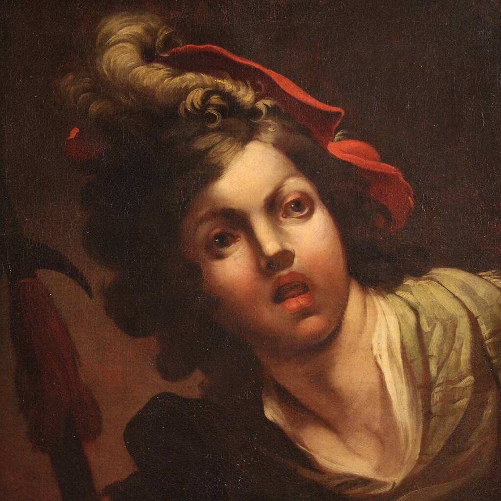 Antique French painting from the 18th century, portrait of a soldier