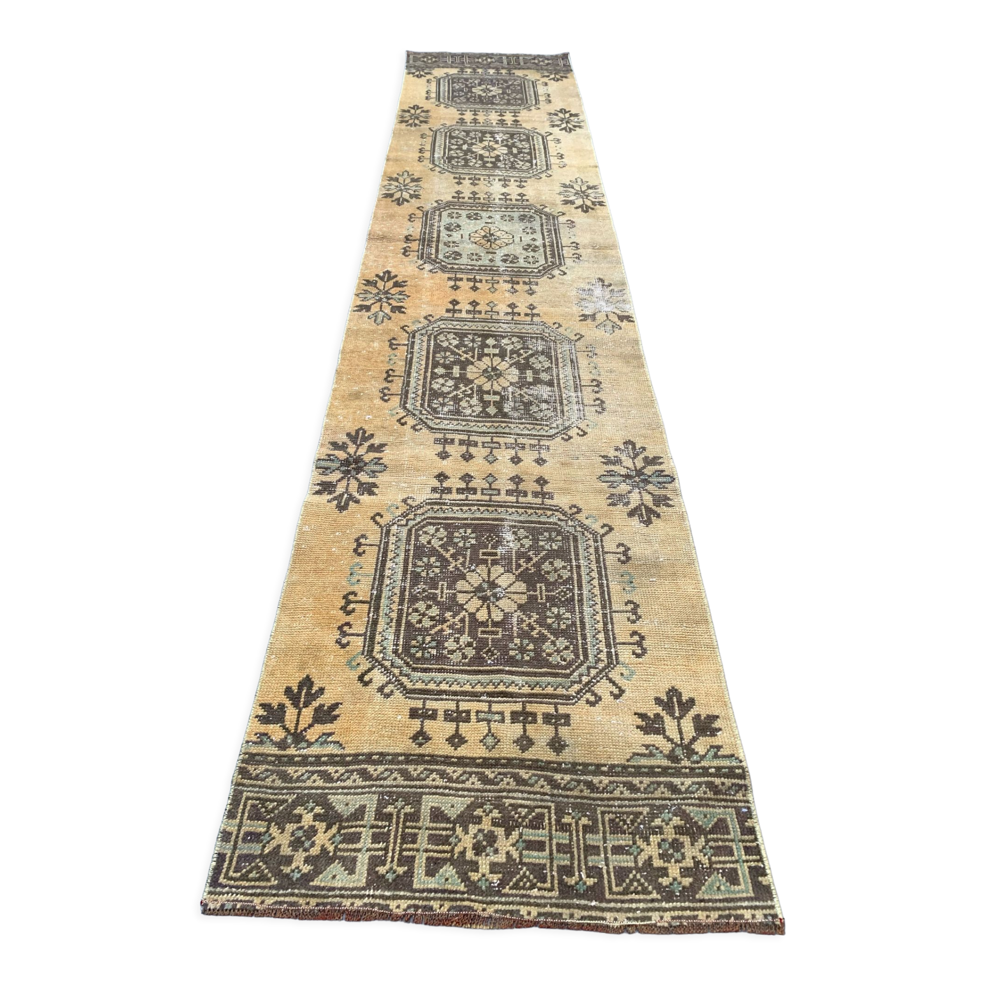 Distressed turkish runner 350x75 cm wool vintage tribal rug