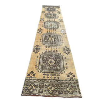 Distressed turkish runner 350x75 cm wool vintage tribal rug