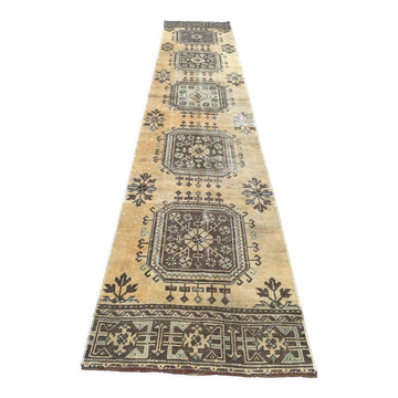 Distressed turkish runner 350x75 cm wool vintage tribal rug