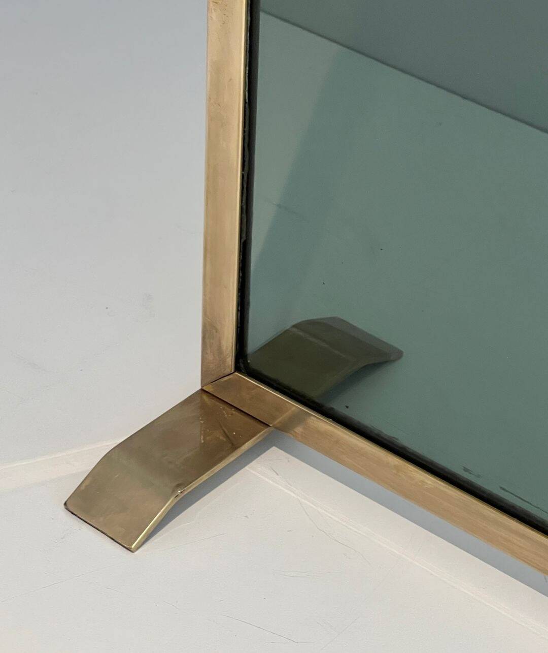 Single Panel Fire Screen in Tinted Green Glass with Brass Frame