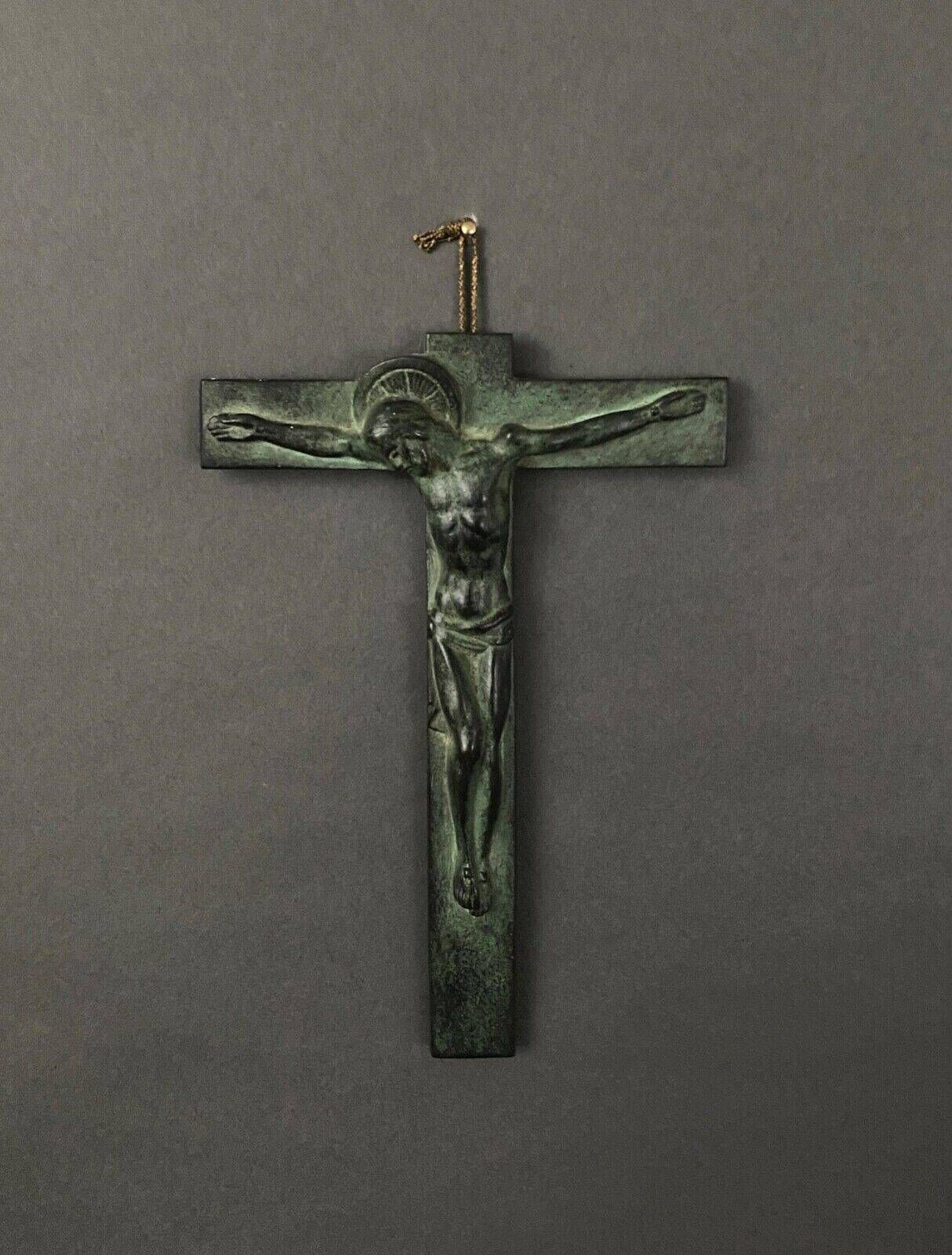 20th century bronze crucifix with green patina in the style of the Haute Epoque