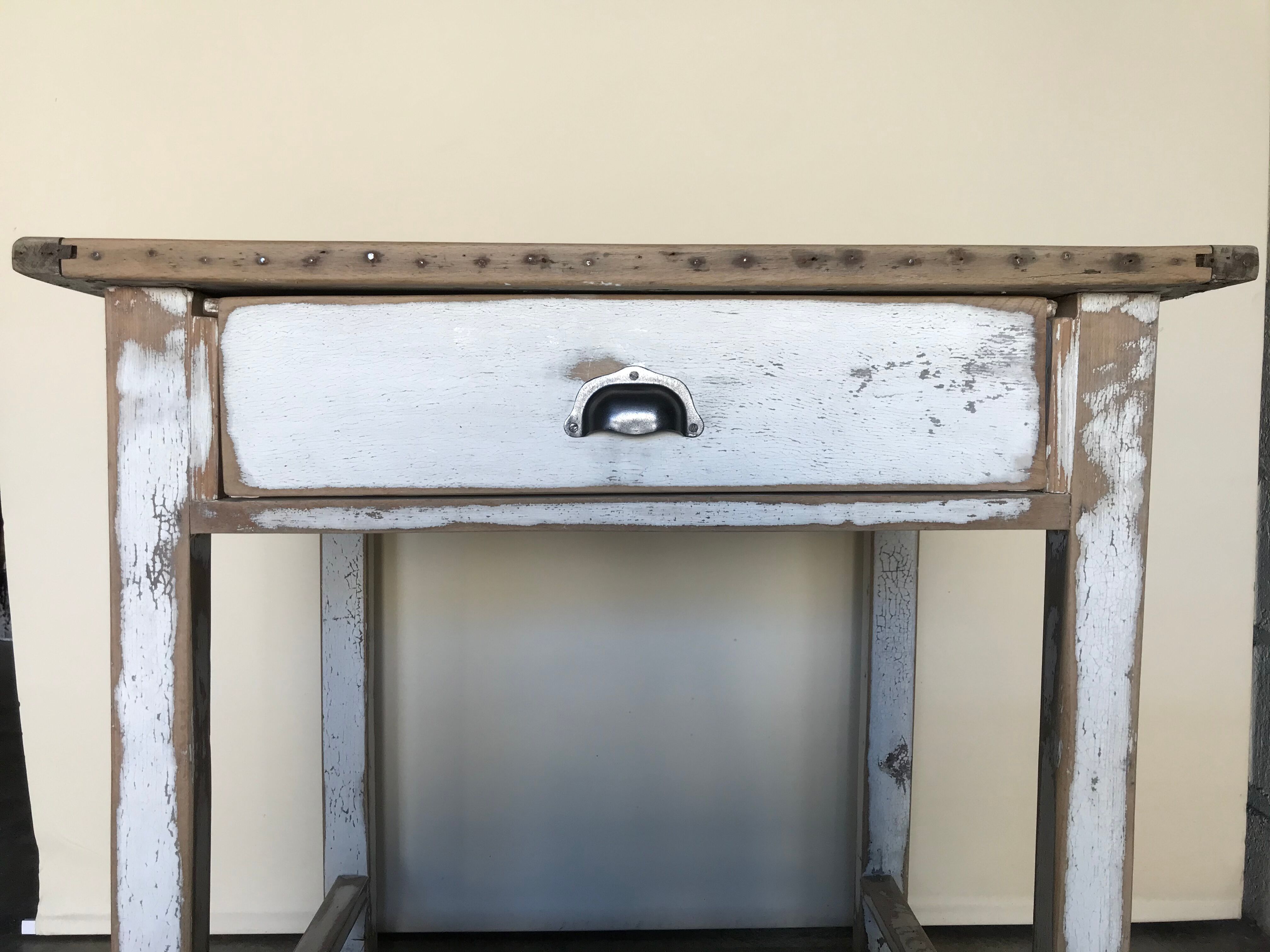 Table vintage wood in raw wood and white industrial chalk