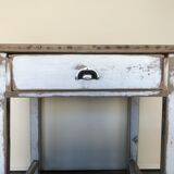 Table vintage wood in raw wood and white industrial chalk