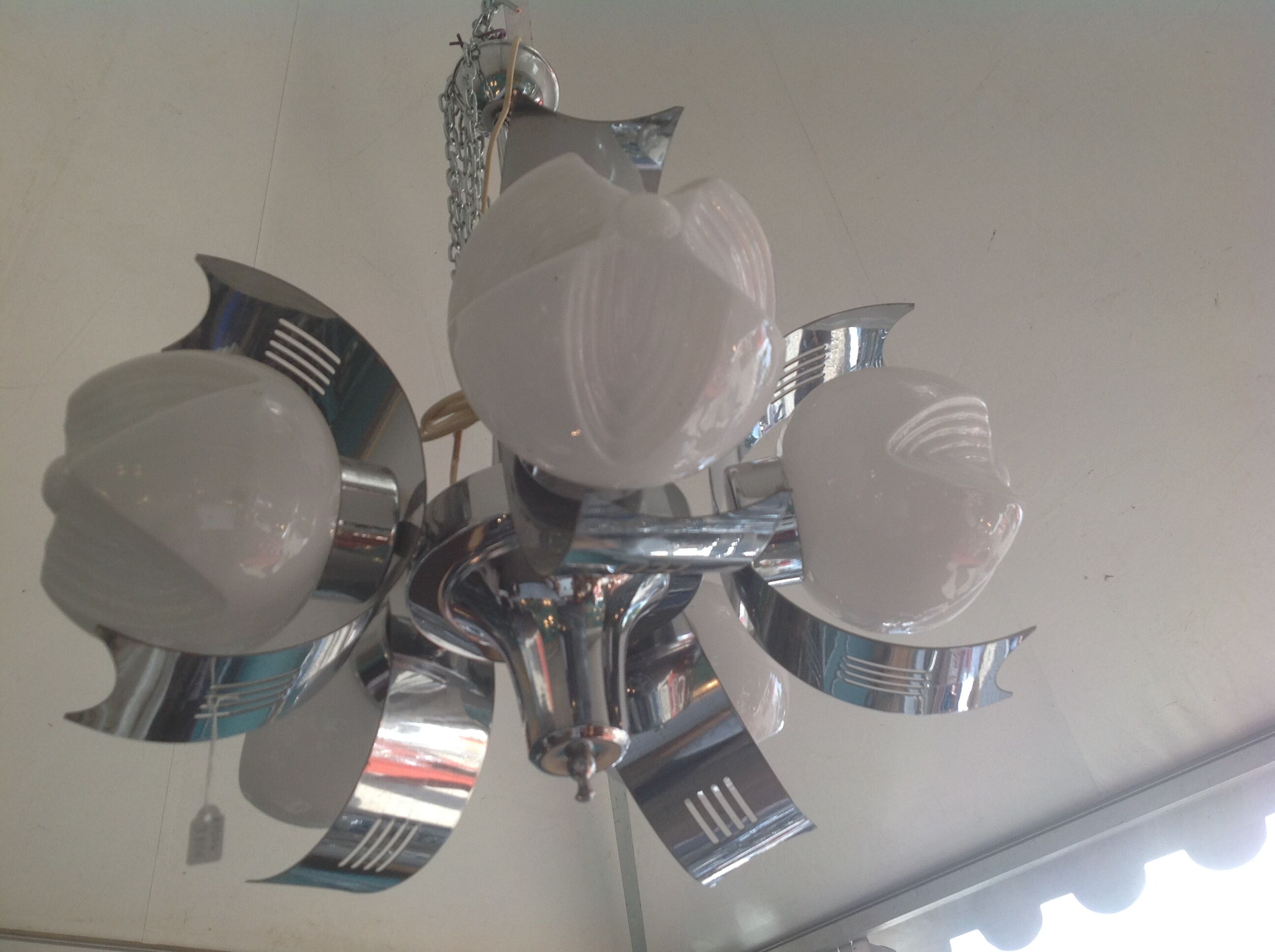 Vintage chandelier in opaline and stainless steel, 70s.