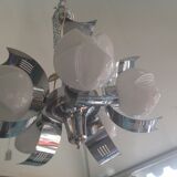 Vintage chandelier in opaline and stainless steel, 70s.