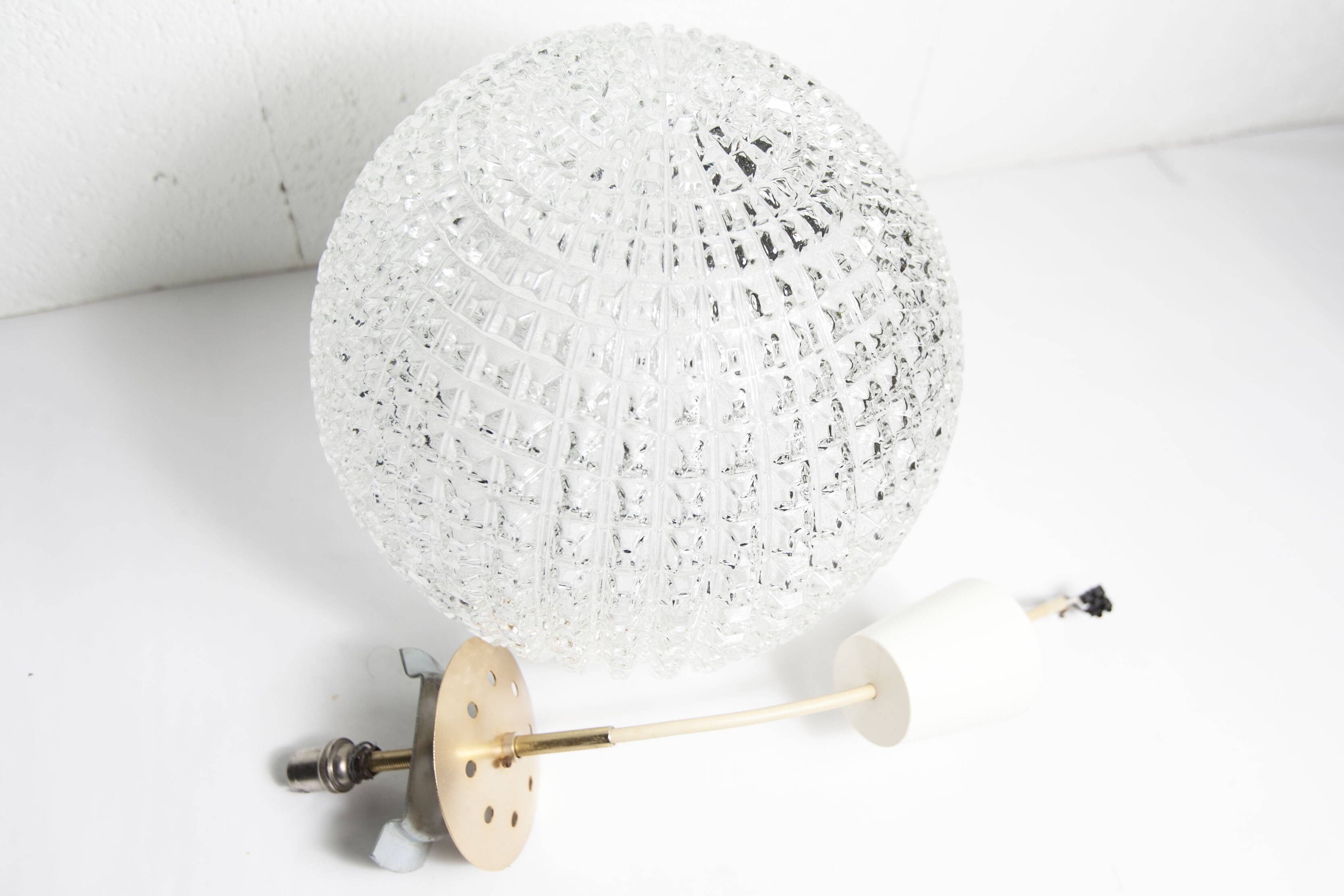 1960s Holophane Ball Pendant Chandelier, Thick Glass, 30 cm, and Vintage Brass