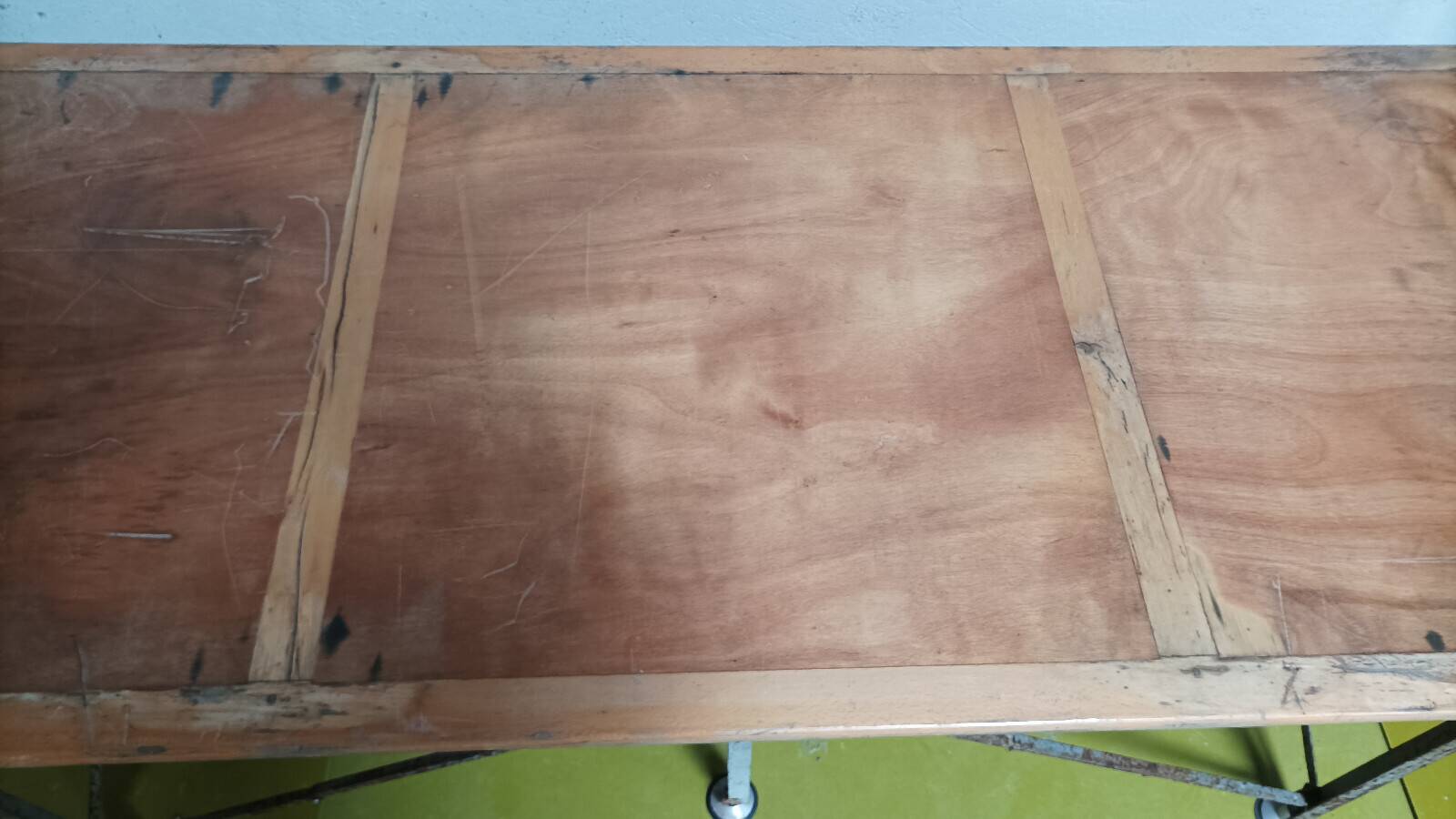 Large industrial table made of metal and beech.