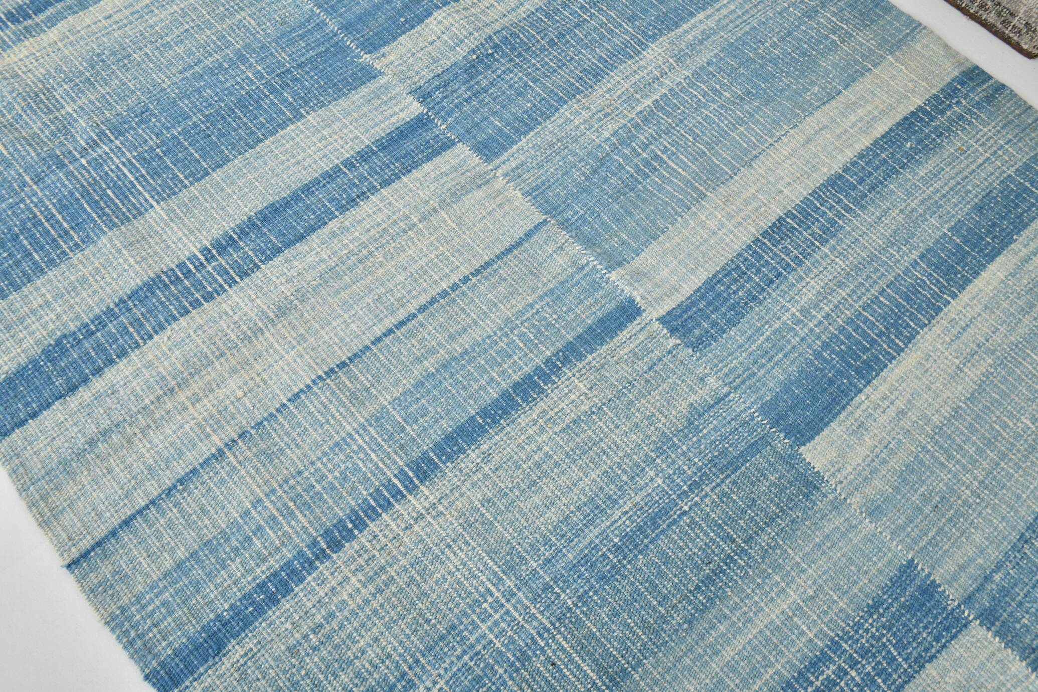 5x9 Blue & Beige Modern Kilim Rug, 147x288Cm
