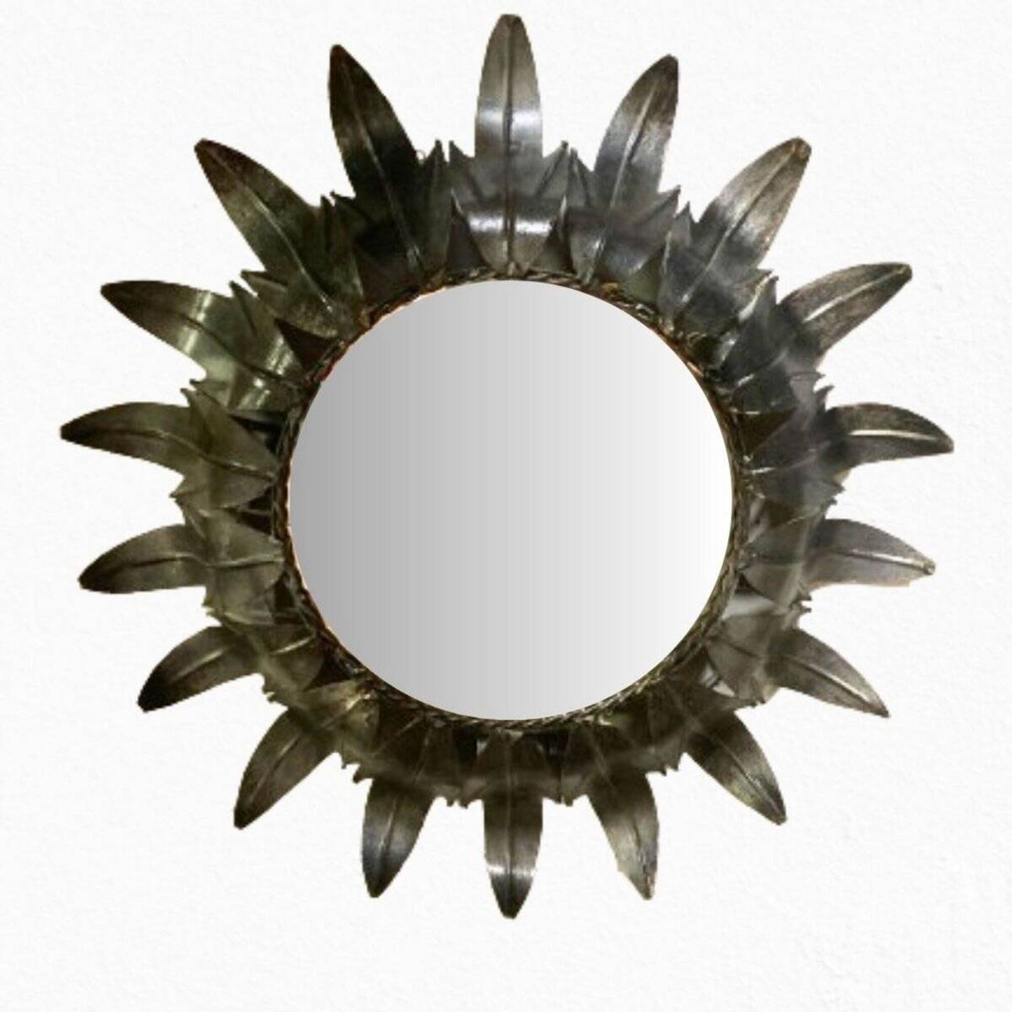 Miroir mural rond Mid-Century en fer forgé en forme de soleil, années 50