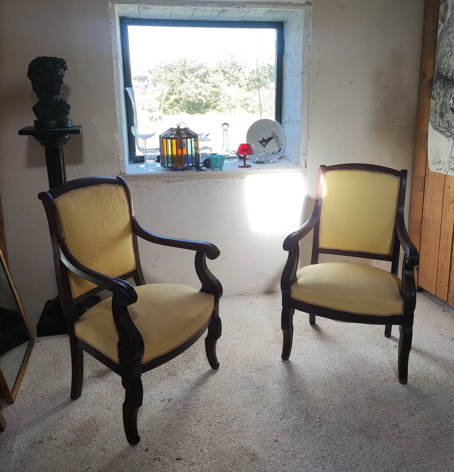 2 antique matching armchairs in wood and fabric