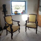 2 antique matching armchairs in wood and fabric