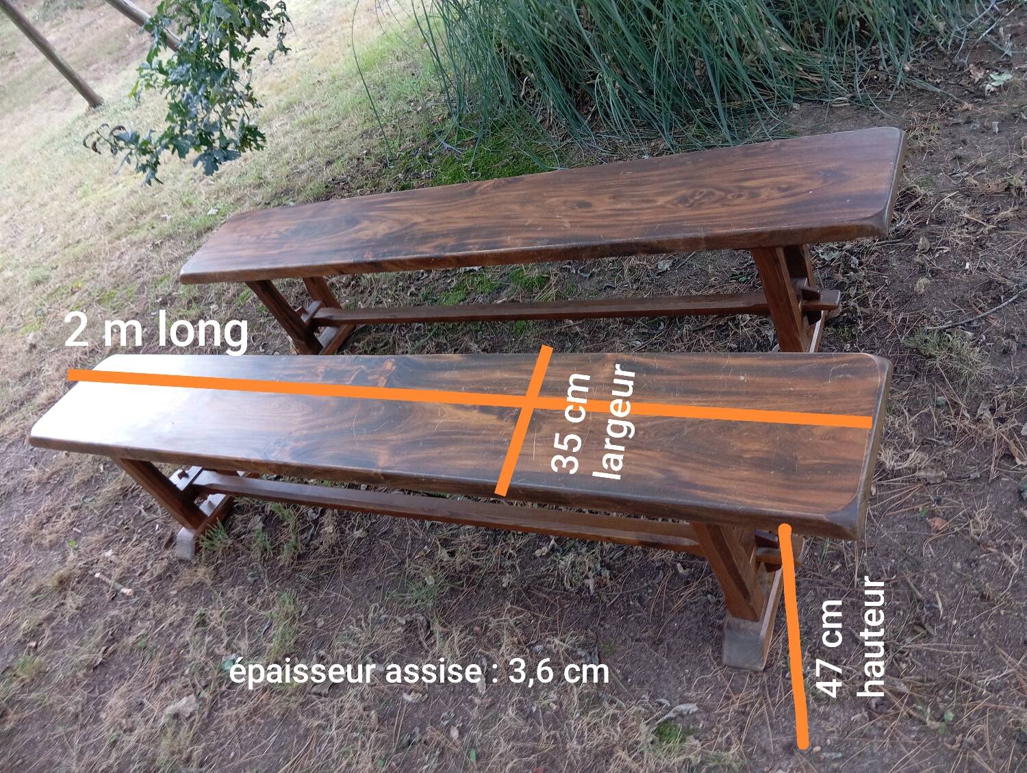 Pair of solid cherry wood farmhouse benches, 1950/60