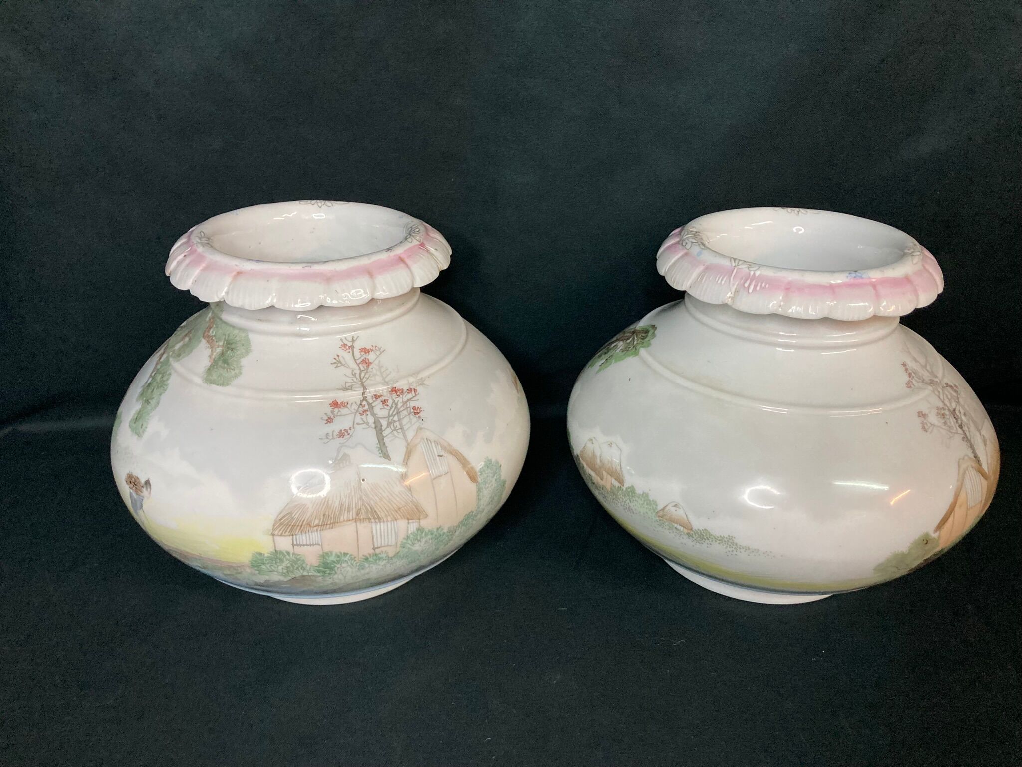 Pair of porcelain ball vases with cottage decor, late 19th century