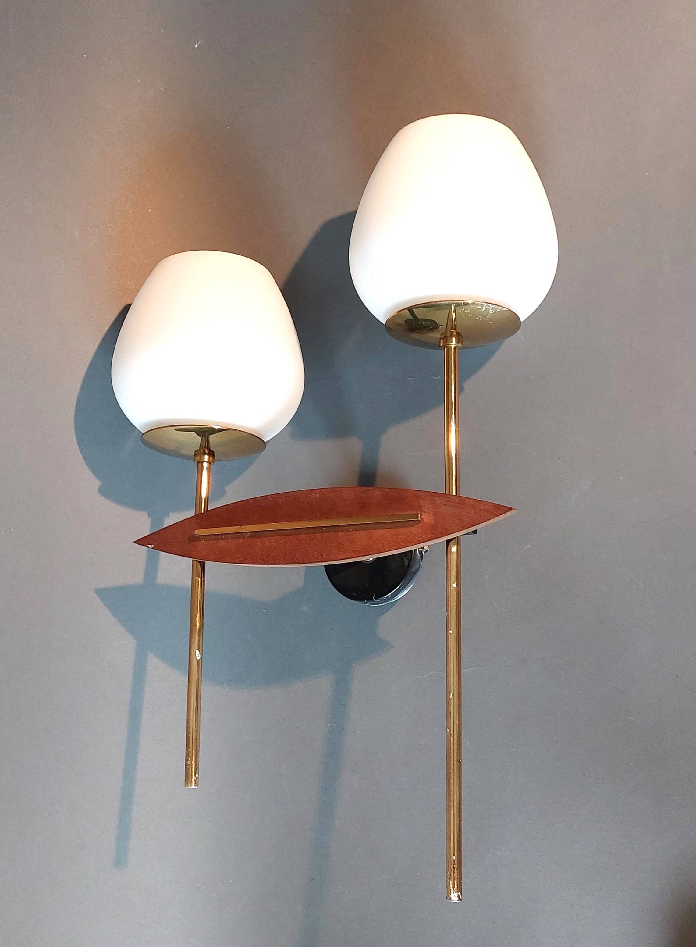 Two-light wall lamp in teak, gilded brass and white opaline Maison Lunel 1960.