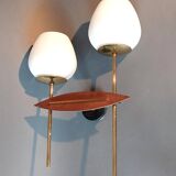 Two-light wall lamp in teak, gilded brass and white opaline Maison Lunel 1960.