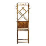Art nouveau bamboo coat rack with beveled mirror. 5 coat hooks, umbrella stand.