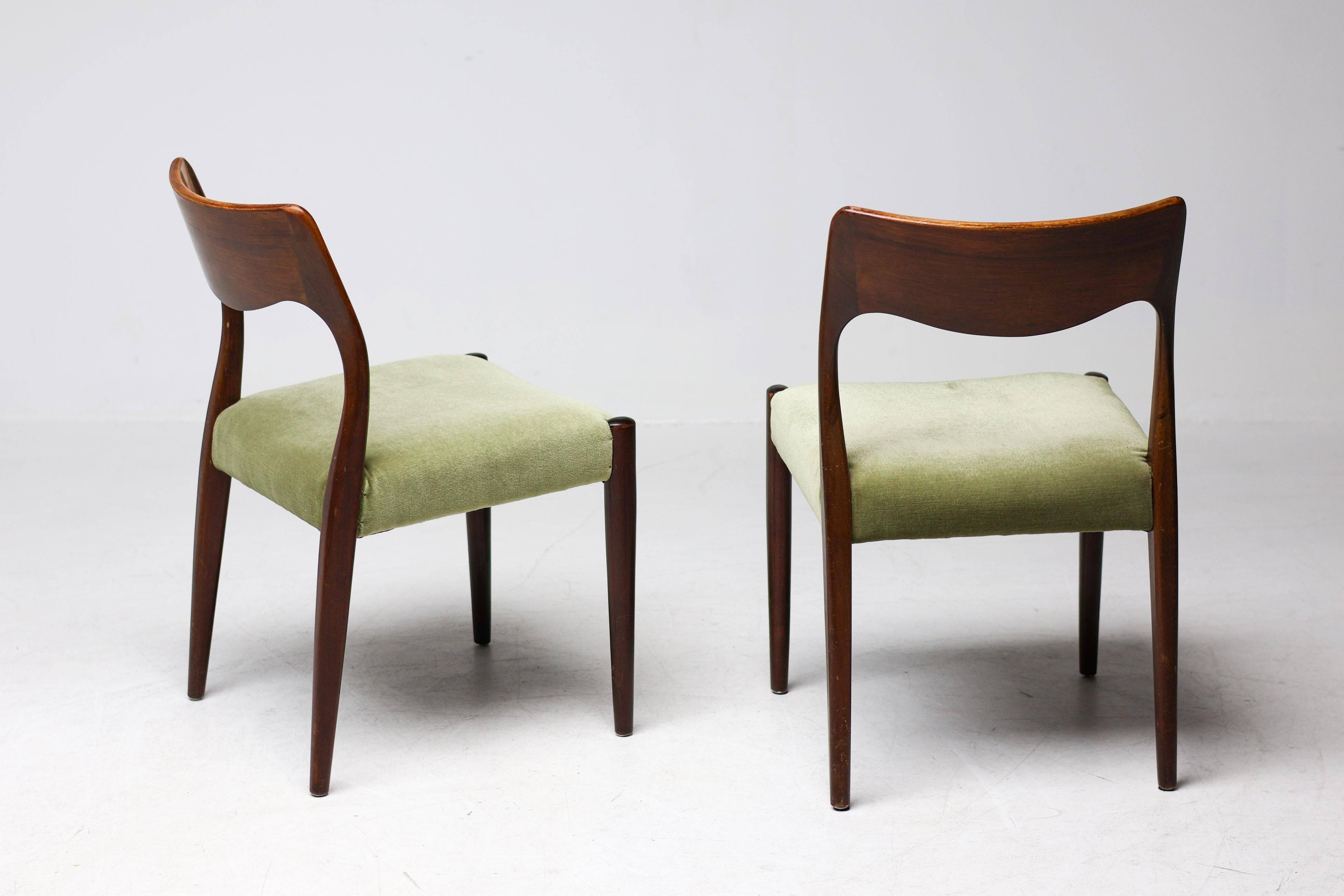 Pair of chairs Model No 71 by Niels Møller in teak and moss green velvet, 1960.