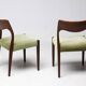 Pair of chairs Model No 71 by Niels Møller in teak and moss green velvet, 1960.
