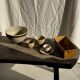 Large speckled beige salad bowl with ochre trim H14 D25