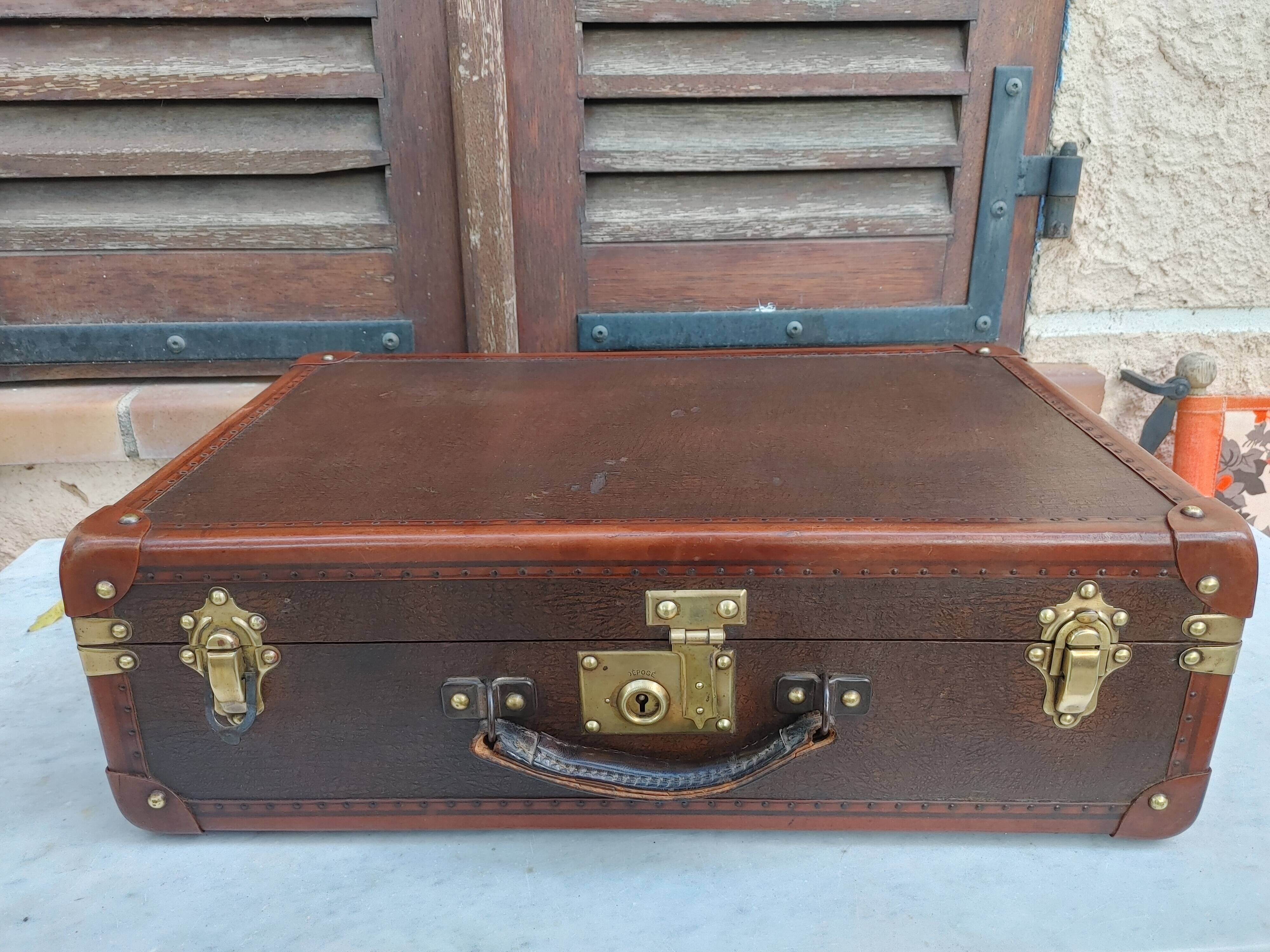 Old suitcase wood canvas leather & brass
