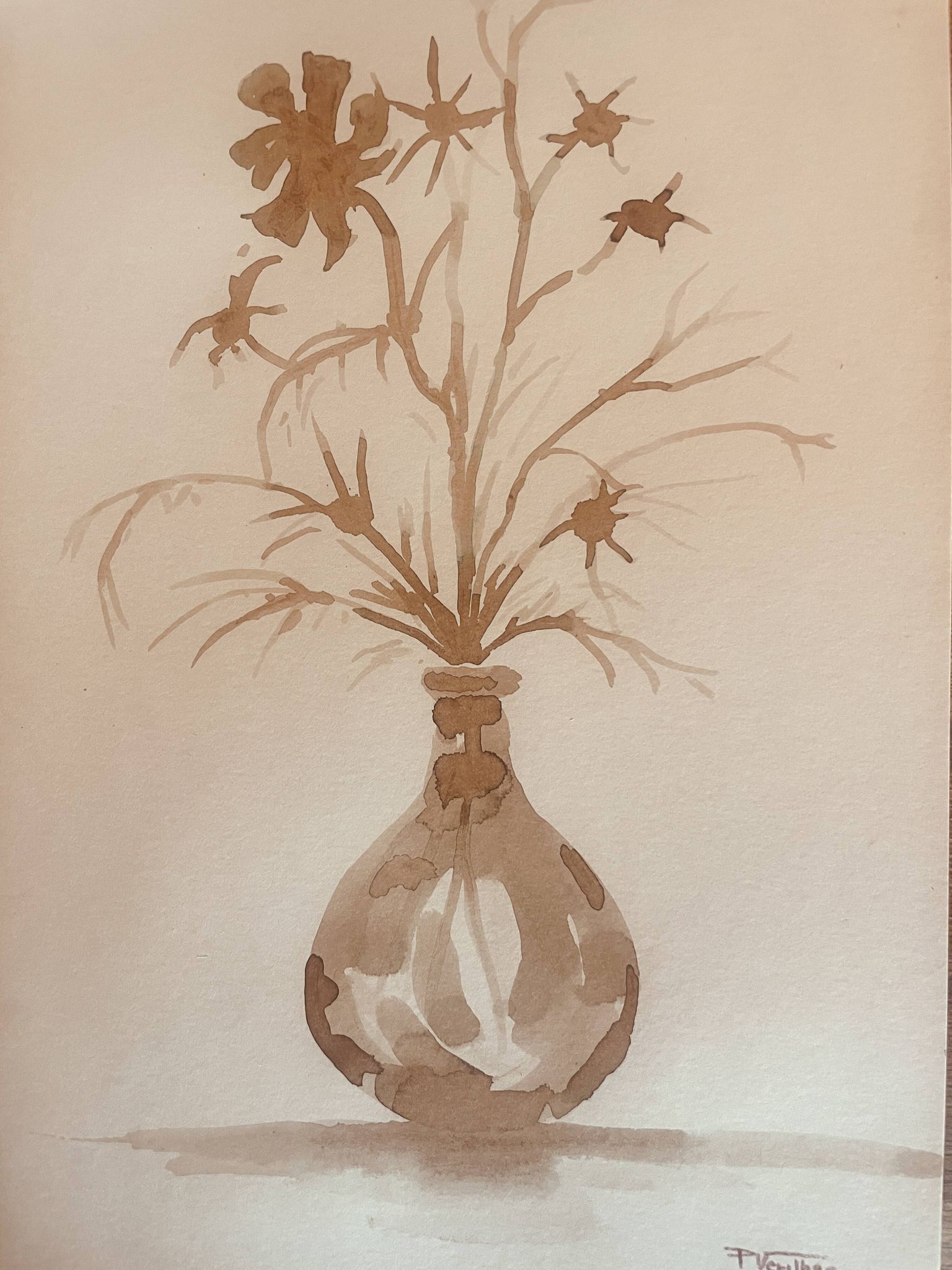 Tableau, nature morte monochrome sépia « fleurs séchées », signé