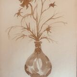 Signed still life monochrome sepia painting "dried flowers"