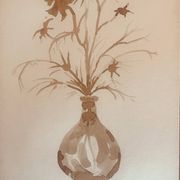 Tableau, nature morte monochrome sépia « fleurs séchées », signé