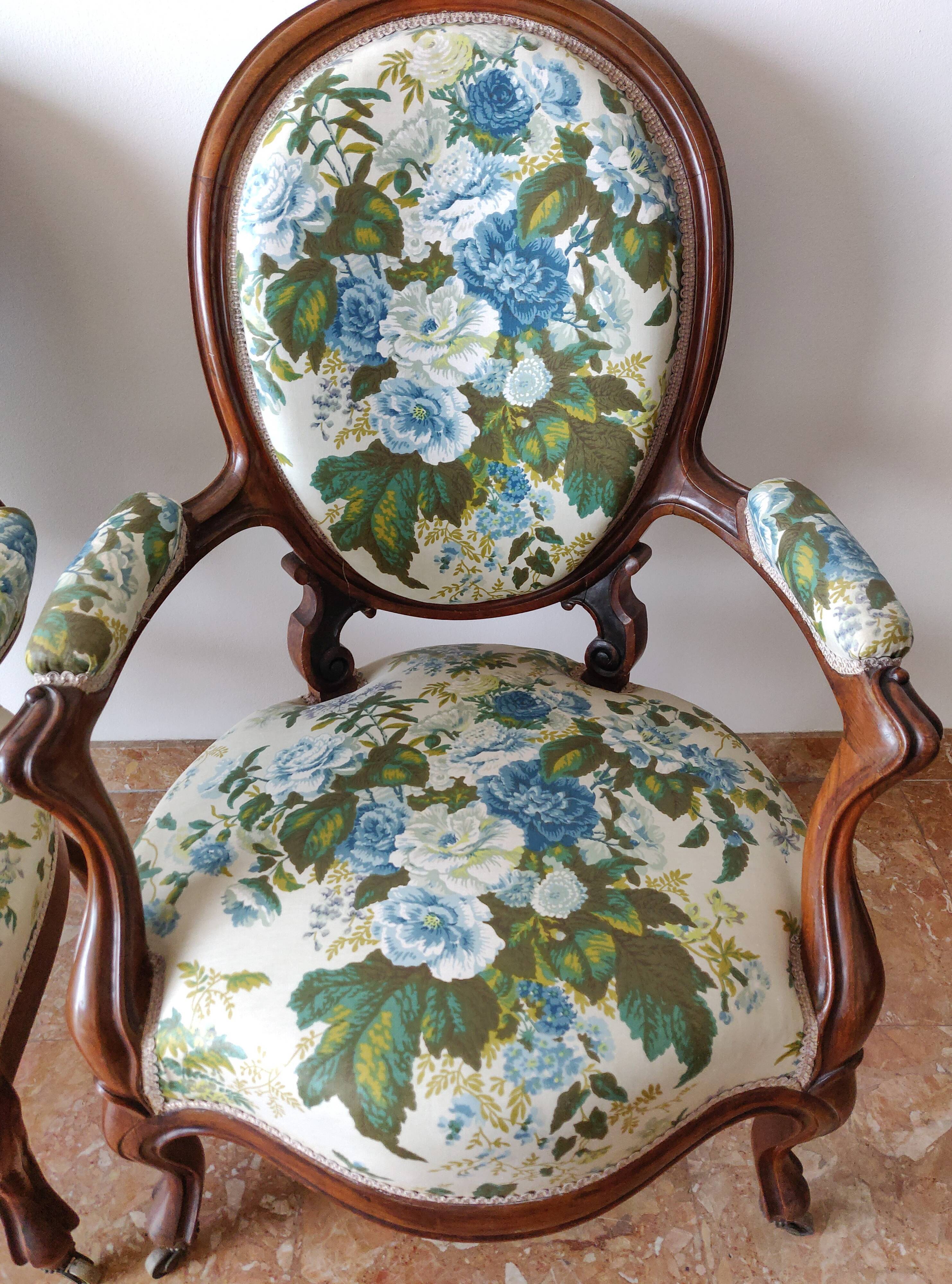 Pair armchairs Louis Philippe solid floral mahogany