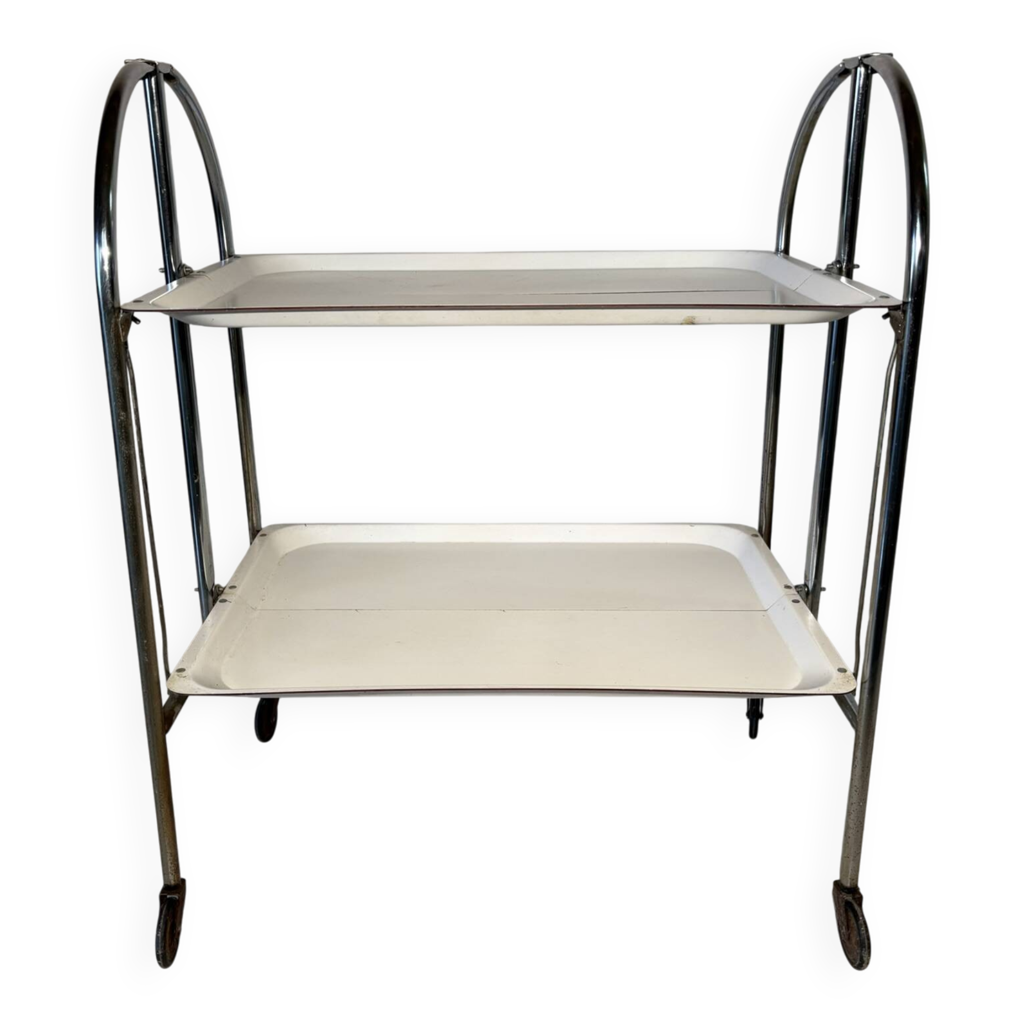 Vintage folding trolley in chromed metal and enamelled trays