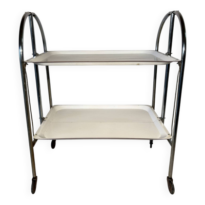 Desserte pliante vintage en métal chromé et plateaux émaillés