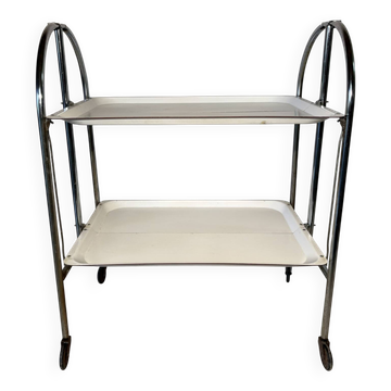 Vintage folding dessert table in chrome metal with enamelled trays.