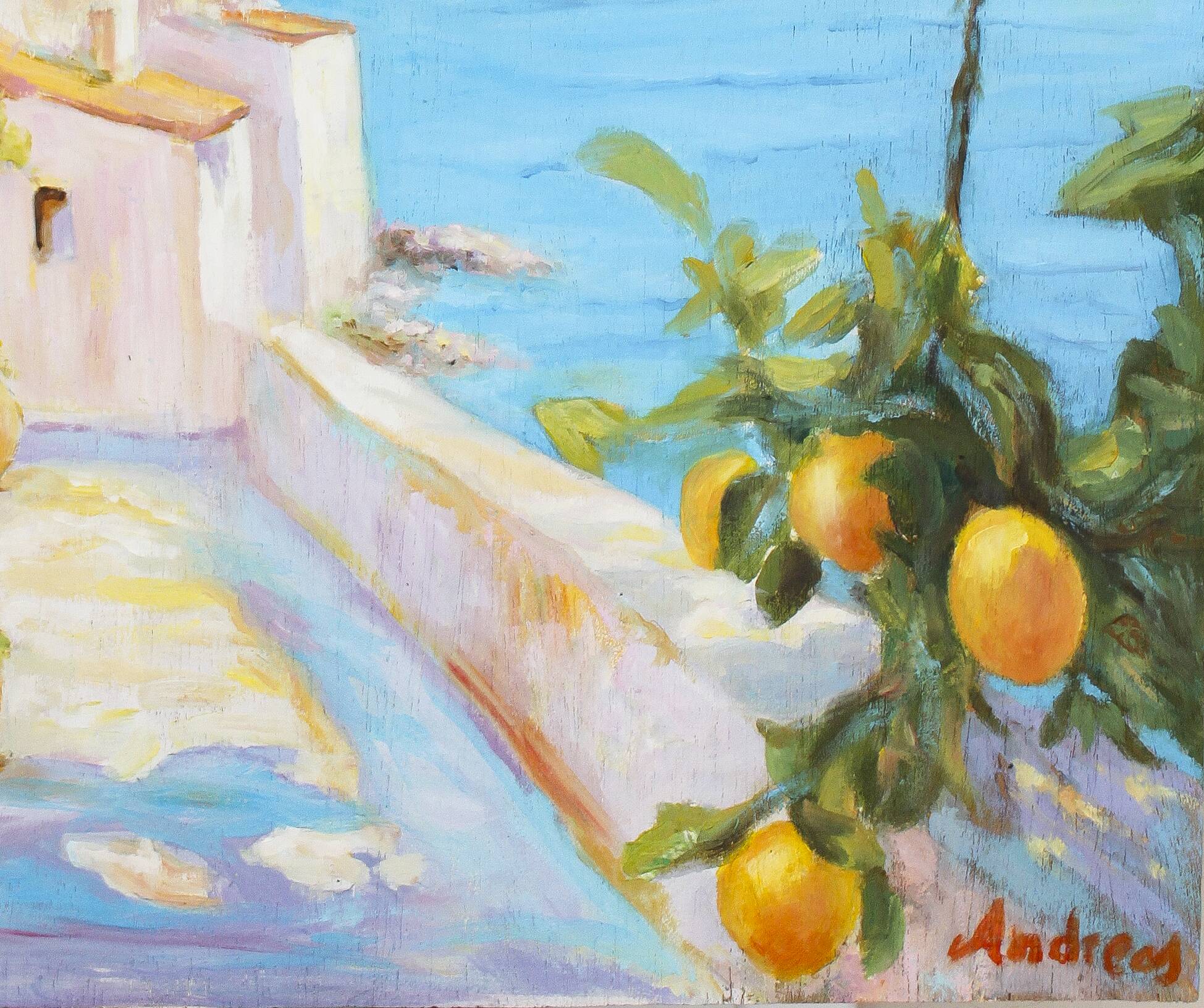 Oil painting of a view of the sea.