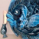 Ceramic butter dish signed Vallauris fish decor and its knife / fish / ceramic / 1960 / French riviera / Mid-Century / 20th