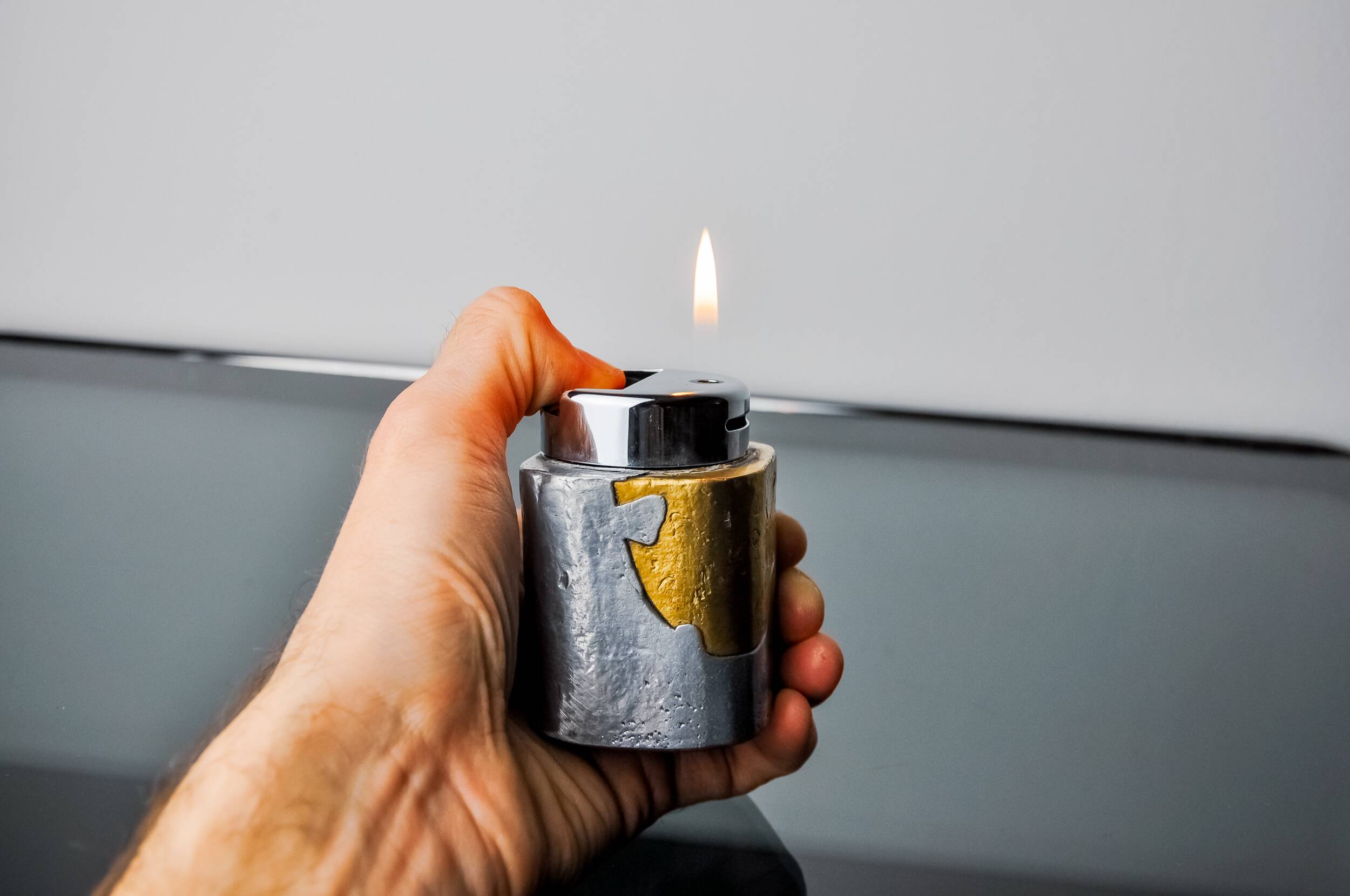 Brutalist lighter by Art3, Brass and aluminum, 1970, Spain