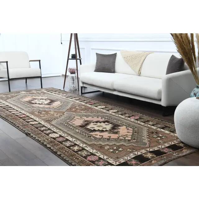 1970s Vintage Turkish Oushak Handmade Wool Cotton Brown Area Rug 85x317