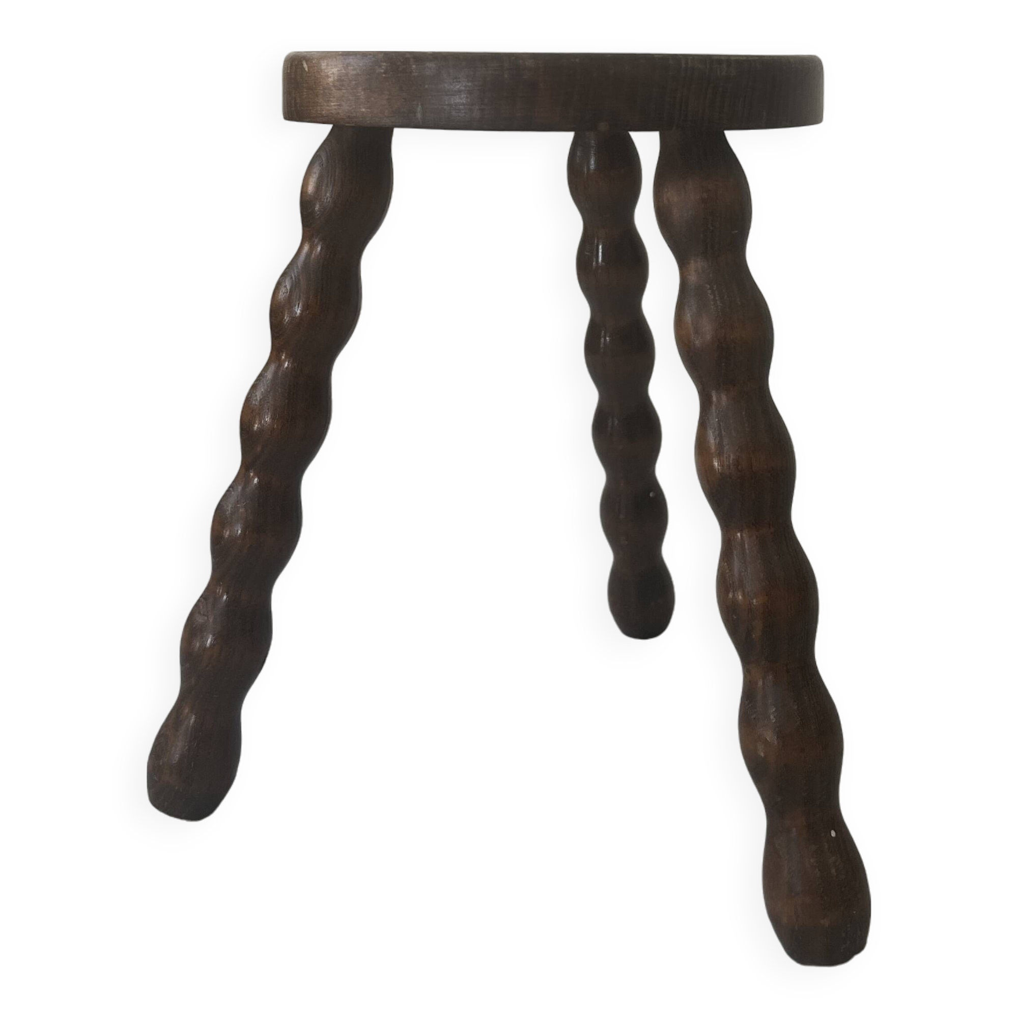low tripod stool in turned wood, France 1960