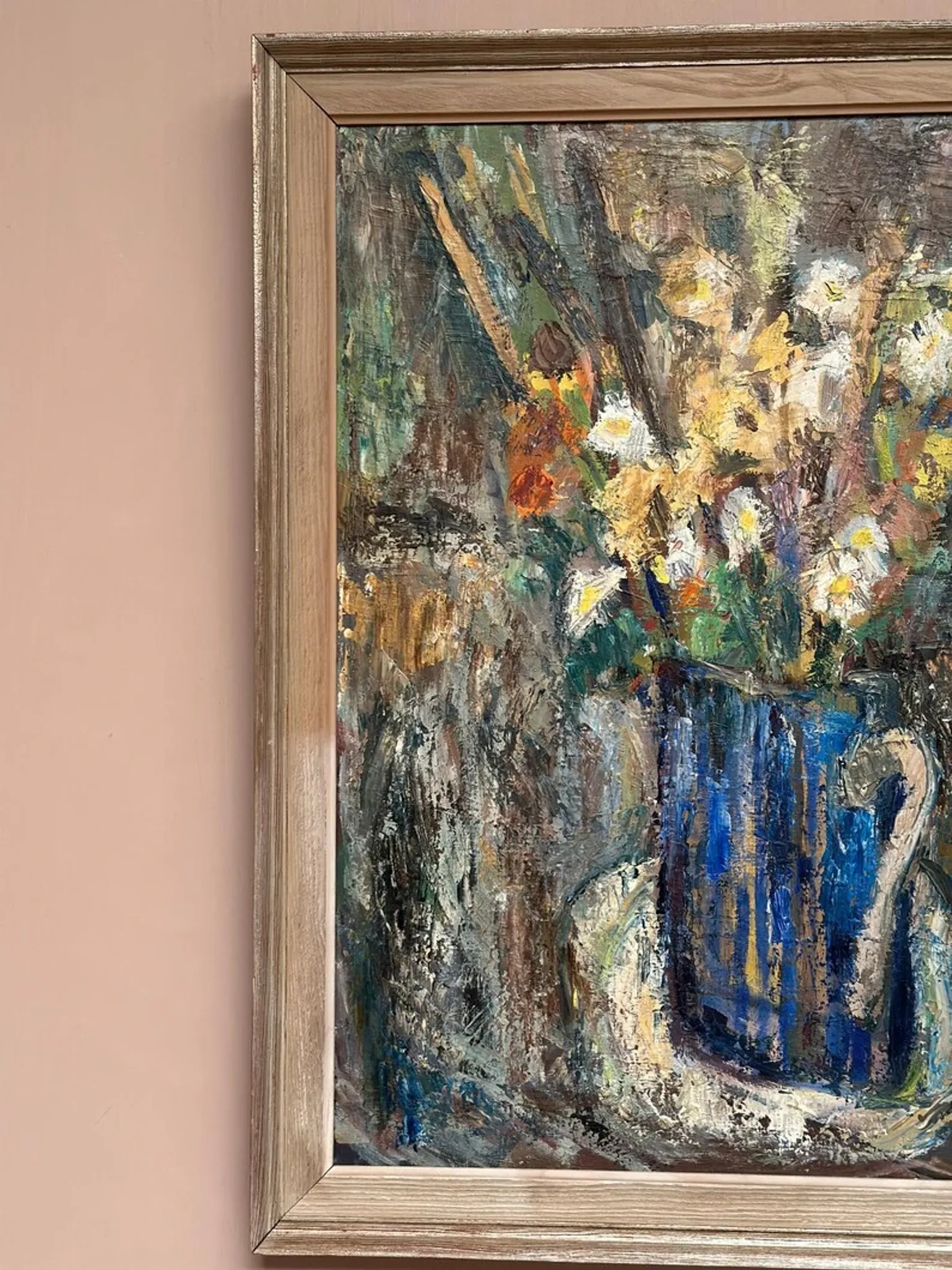 Original Swedish Oil on Panel – “Flowers in Blue Vase” by Sven Age – Signed – Vintage & Framed – 73 × 63 cm (28.7" × 24.8")