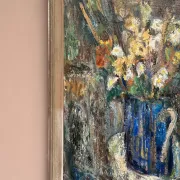 Original Swedish Oil on Panel – “Flowers in Blue Vase” by Sven Age – Signed – Vintage & Framed – 73 × 63 cm (28.7" × 24.8")