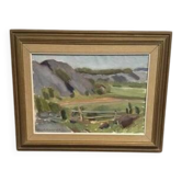 Huile sur toile "Paysage serein" par Martin Larson, vintage et encadré