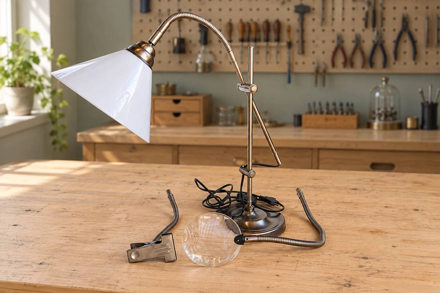 Articulated Daylight desk lamp with magnifying glass and clamp – Aged brass finish