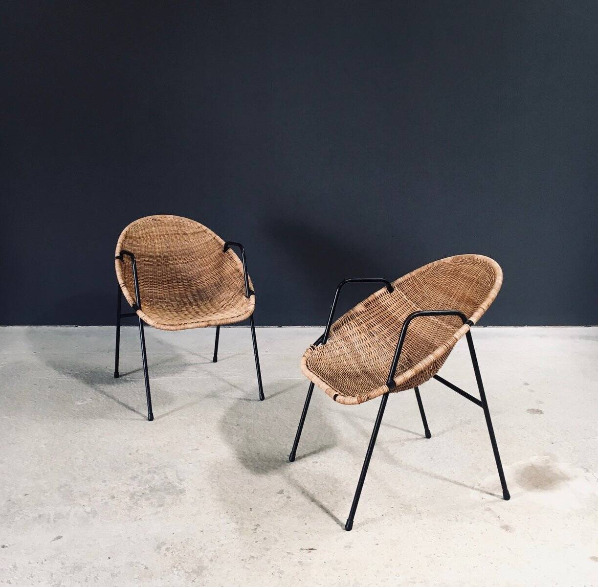 Mid-Century Modern Rattan Armchairs, France, 1950s, Set of 2