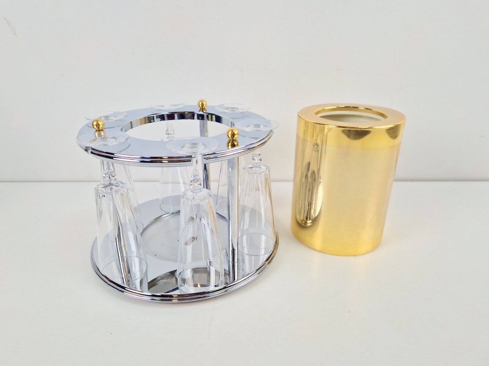 Brass Champagne Cooler with Glass Holder and Crystal flutes by Hans Turnwald for Freddotherm, Germany, 1960s, Set of 7